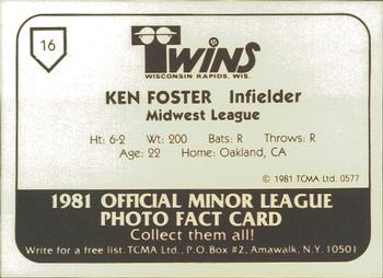 1981 TCMA Wisconsin Rapids Twins #16 Ken Foster Back