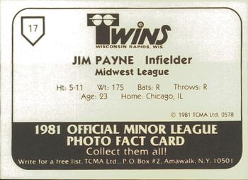 1981 TCMA Wisconsin Rapids Twins #17 Jim Payne Back