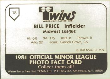 1981 TCMA Wisconsin Rapids Twins #18 Bill Price Back