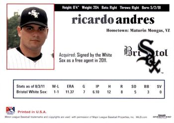 2011 Grandstand Bristol White Sox #NNO Ricardo Andres Back