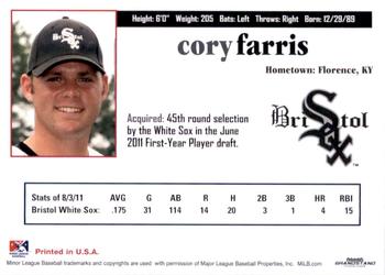 2011 Grandstand Bristol White Sox #NNO Cory Farris Back