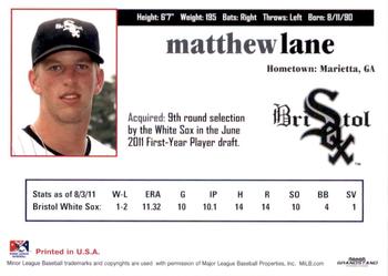 2011 Grandstand Bristol White Sox #NNO Matthew Lane Back