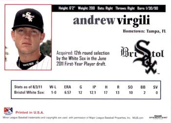 2011 Grandstand Bristol White Sox #NNO Andrew Virgili Back
