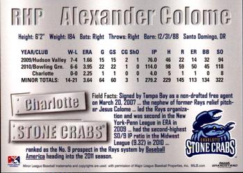 2011 Grandstand Charlotte Stone Crabs #5 Alexander Colome Back
