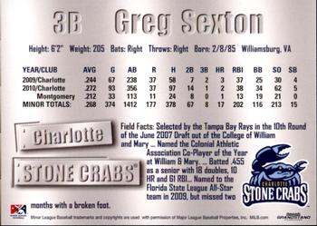 2011 Grandstand Charlotte Stone Crabs #21 Greg Sexton Back