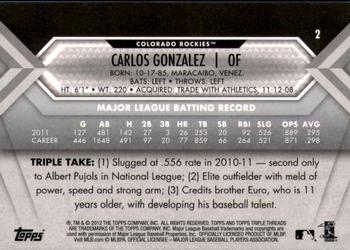 2012 Topps Triple Threads #2 Carlos Gonzalez Back