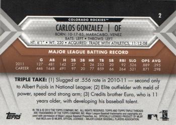 2012 Topps Triple Threads - Sepia #2 Carlos Gonzalez Back