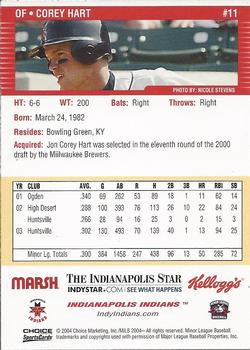 2004 Choice Indianapolis Indians #11 Corey Hart Back