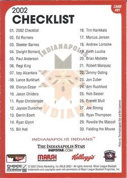 2002 Choice Indianapolis Indians #01 2002 Checklist Back