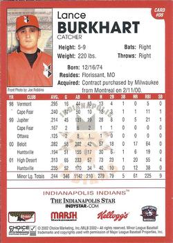 2002 Choice Indianapolis Indians #08 Lance Burkhart Back