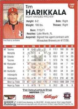 2002 Choice Indianapolis Indians #16 Tim Harikkala Back