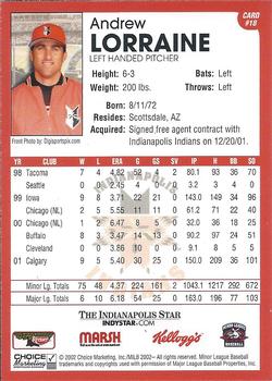 2002 Choice Indianapolis Indians #18 Andrew Lorraine Back