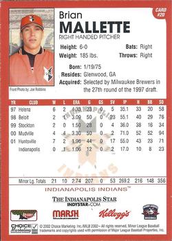 2002 Choice Indianapolis Indians #20 Brian Mallette Back