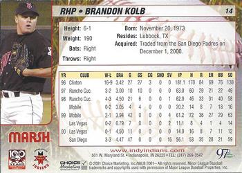 2001 Choice Indianapolis Indians #14 Brandon Kolb Back