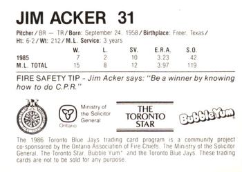 1986 Toronto Blue Jays Fire Safety #NNO Jim Acker Back