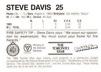1986 Toronto Blue Jays Fire Safety #NNO Steve Davis Back
