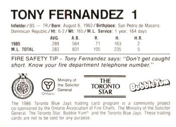 1986 Toronto Blue Jays Fire Safety #NNO Tony Fernandez Back