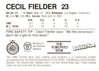 1986 Toronto Blue Jays Fire Safety #NNO Cecil Fielder Back