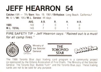 1986 Toronto Blue Jays Fire Safety #NNO Jeff Hearron Back