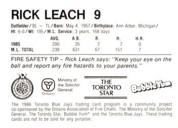1986 Toronto Blue Jays Fire Safety #NNO Rick Leach Back