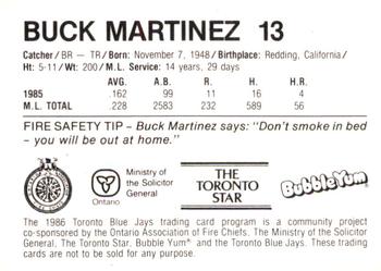 1986 Toronto Blue Jays Fire Safety #NNO Buck Martinez Back