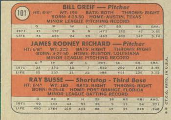 1972 Topps #101 Astros 1972 Rookie Stars (Bill Greif / J.R. Richard / Ray Busse) Back