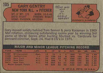 1972 Topps #105 Gary Gentry Back