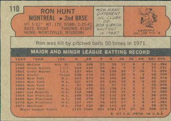 1972 Topps #110 Ron Hunt Back