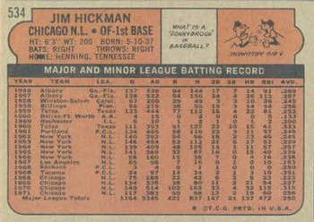 1972 Topps #534 Jim Hickman Back