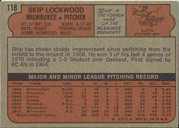 1972 Topps #118 Skip Lockwood Back