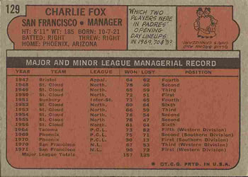 1972 Topps #129 Charlie Fox Back