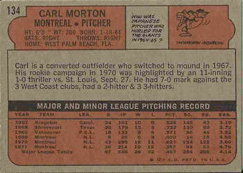 1972 Topps #134 Carl Morton Back