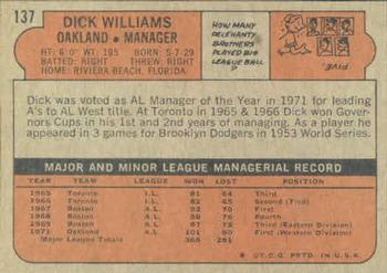 1972 Topps #137 Dick Williams Back