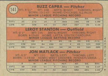 1972 Topps #141 Mets 1972 Rookie Stars (Buzz Capra / Leroy Stanton / Jon Matlack) Back