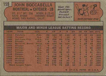 1972 Topps #159 John Boccabella Back