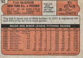 1972 Topps #163 Tug McGraw Back