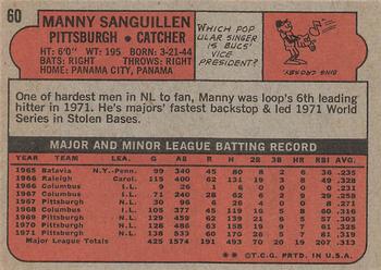 1972 Topps #60 Manny Sanguillen Back
