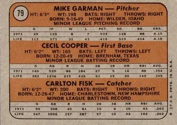 1972 Topps #79 Red Sox 1972 Rookie Stars (Mike Garman / Cecil Cooper / Carlton Fisk) Back