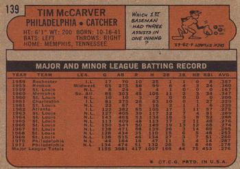 1972 Topps #139 Tim McCarver Back