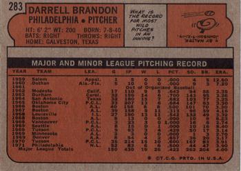 1972 Topps #283 Darrell Brandon Back