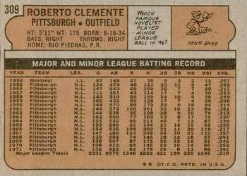 1972 Topps #309 Roberto Clemente Back