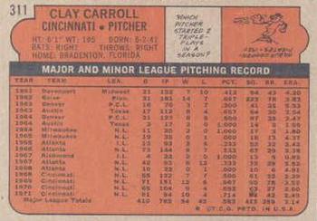 1972 Topps #311 Clay Carroll Back