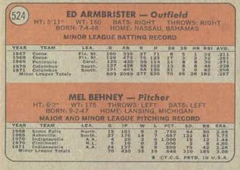 1972 Topps #524 Reds 1972 Rookie Stars (Ed Armbrister / Mel Behney) Back