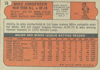 1972 Topps #16 Mike Jorgensen Back