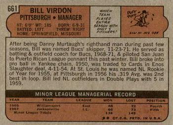 1972 Topps #661 Bill Virdon Back