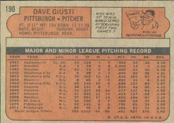 1972 Topps #190 Dave Giusti Back