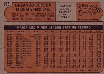 1972 Topps #195 Orlando Cepeda Back