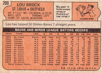 1972 Topps #200 Lou Brock Back