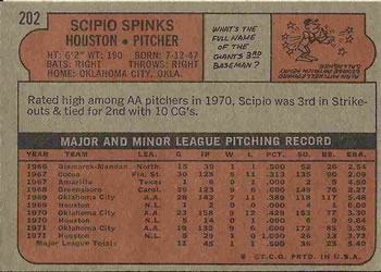 1972 Topps #202 Scipio Spinks Back