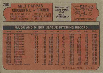 1972 Topps #208 Milt Pappas Back